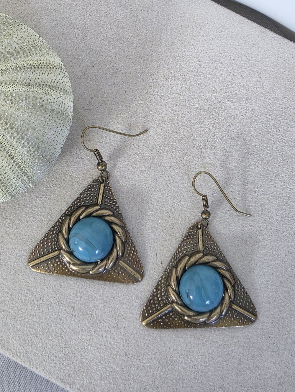 Vintage Bronze Triangle Dangle Earrings | Blue Faux Turquoise Cabochon Drops